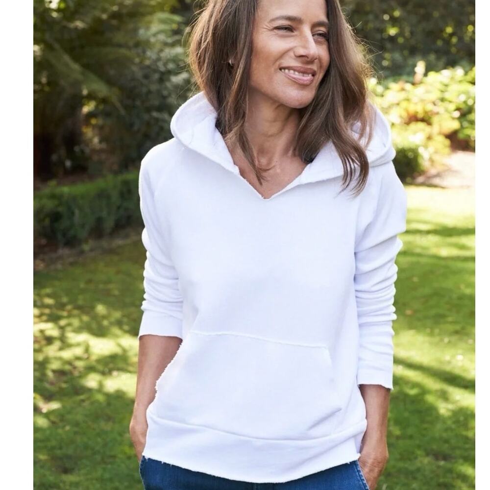 Frank & Eileen Melanie Essentials Hoodie White Terry Raw Edge Pullover SZ S NWOT